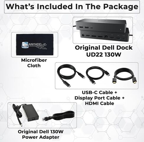 حزمة شاشة مزدوجة لمحطة إرساء Dell UD22 - قاعدة USB-C/USB-A عالمية لأجهزة الكمبيوتر المحمولة مع محول 130 وات مع كابلات HDMI و4K DisplayPort (متجددة) in Kuwait