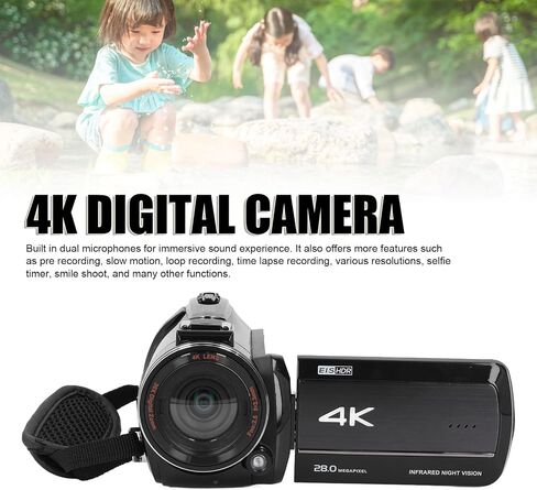 كاميرا فيديو 4K، مسجل كاميرا تكبير رقمي 30X، كاميرا تسجيل فيديو LCD 3.0 بوصة، كاميرات تسجيل فيديو بدقة 28 ميجابكسل مع شاشة دوران 270 درجة للسفر في الهواء الطلق in Kuwait