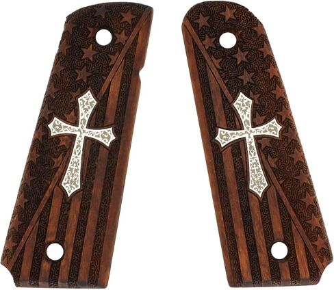 URAY 1911 Wood Grips with American Flag and Christian Cross Design – Premium 1911 Pistol Grips for Colt, Kimber, Taurus, Remington & Full-Size 1911 Models in Saudi Arabia