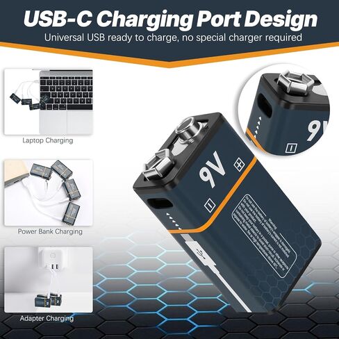 بطاريات ليثيوم قابلة لإعادة الشحن 9 فولت مع كابل شحن USB 4 في 1، بطارية ليثيوم أيون 650 مللي أمبير 9 فولت لكاشف الدخان وكاشف المعادن والميكروفون (قطعتان) in Saudi Arabia