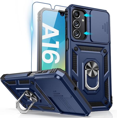 جراب Goton متوافق مع هاتف Samsung Galaxy A16 5G مع غطاء كاميرا وحلقة مسند مع واقي شاشة من الزجاج المقوى، وغطاء واقٍ مقاوم للصدمات من الدرجة العسكرية أزرق in Kuwait