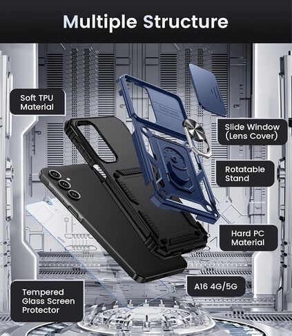 جراب Goton متوافق مع هاتف Samsung Galaxy A16 5G مع غطاء كاميرا وحلقة مسند مع واقي شاشة من الزجاج المقوى، وغطاء واقٍ مقاوم للصدمات من الدرجة العسكرية أزرق in Kuwait