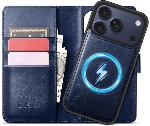 حافظة محفظة DJBull 2 ​​في 1 قابلة للفصل لهاتف iPhone 17 Pro 6.3 بوصة RFID مع حامل بطاقة | غطاء حماية مقاوم للصدمات من جلد البولي يوريثان للنساء والرجال لهاتف Apple 17 Pro أزرق in Kuwait