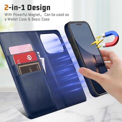 حافظة محفظة DJBull 2 ​​في 1 قابلة للفصل لهاتف iPhone 17 Pro 6.3 بوصة RFID مع حامل بطاقة | غطاء حماية مقاوم للصدمات من جلد البولي يوريثان للنساء والرجال لهاتف Apple 17 Pro أزرق in Kuwait