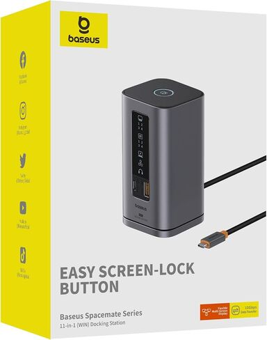 محطة إرساء Baseus، Spacemate (Windows) شاشة ثلاثية 11 في 1، 4K@60 هرتز HDMI&DP، منافذ USB A/C بسرعة 10 جيجابت في الثانية، جيجابت إيثرنت، صوت 3.5 مم، 100 وات PD، محطة إرساء للكمبيوتر المحمول Dell/HP/Lenovo/Asus/Acer in Saudi Arabia