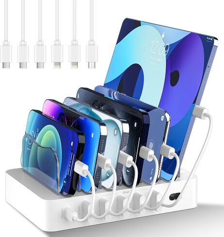 Charging Station for Multiple Devices 68W 6 Port Phone Charger Dock with 6 Cables, 20W Black Fast Charging Station Compatible with Apple Cellphone iPad iPhone Tablet(Black) in Saudi Arabia