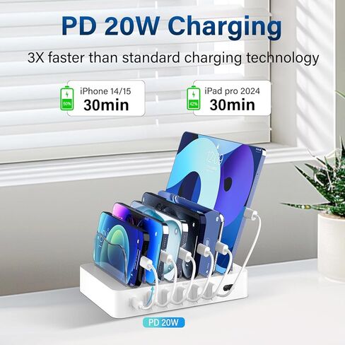 Charging Station for Multiple Devices 68W 6 Port Phone Charger Dock with 6 Cables, 20W Black Fast Charging Station Compatible with Apple Cellphone iPad iPhone Tablet(Black) in Saudi Arabia