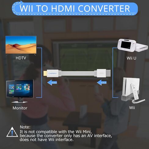 CAMWAY Wii إلى HDMI، محول Wii إلى HDMI، محول محول صوت 3.5 مم لجهاز Wii، إشارة Wii إلى 720p/1080p محول محول فيديو HD HDTV مع كابل HDMI يدعم NTSC 480i 480p PAL 576i in Kuwait