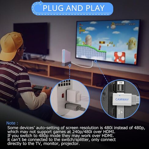 CAMWAY Wii إلى HDMI، محول Wii إلى HDMI، محول محول صوت 3.5 مم لجهاز Wii، إشارة Wii إلى 720p/1080p محول محول فيديو HD HDTV مع كابل HDMI يدعم NTSC 480i 480p PAL 576i in Kuwait