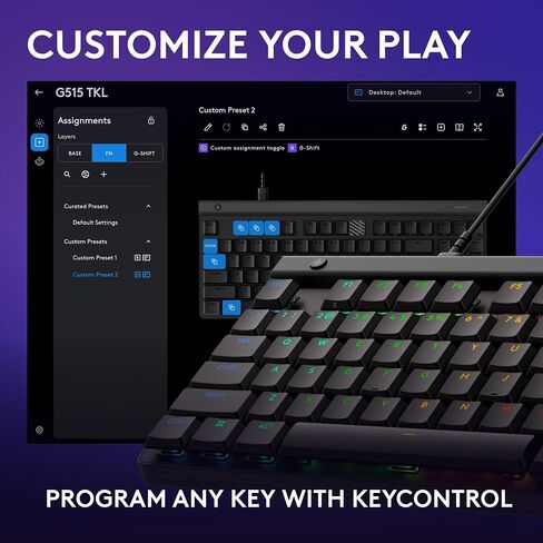 لوحة مفاتيح ألعاب سلكية منخفضة المستوى من لوجيتك G515 TKL، RGB قابلة للتخصيص بالكامل، أغطية مفاتيح PBT مزدوجة اللقطة، مفاتيح لمسية/بنية - أسود (متجدد) in Kuwait