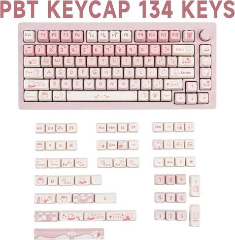 Cute Cat Keycaps - Pink & White PBT Keycaps, Mao Profile, 134 Keys, Dye-Sublimation Compatible with 60%, 75%, 96%, 100% Cherry & Gateron MX Switches Mechanical Gaming Keyboard in Kuwait