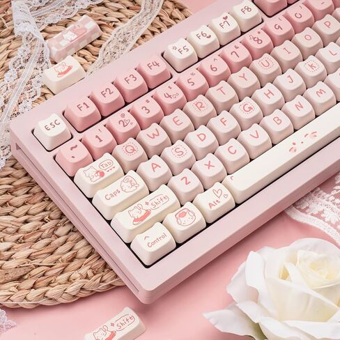 Cute Cat Keycaps - Pink & White PBT Keycaps, Mao Profile, 134 Keys, Dye-Sublimation Compatible with 60%, 75%, 96%, 100% Cherry & Gateron MX Switches Mechanical Gaming Keyboard in Kuwait