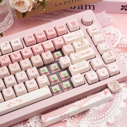 Cute Cat Keycaps - Pink & White PBT Keycaps, Mao Profile, 134 Keys, Dye-Sublimation Compatible with 60%, 75%, 96%, 100% Cherry & Gateron MX Switches Mechanical Gaming Keyboard in Kuwait