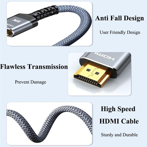 High Speed HDMI Cable 6.6ft, Braided Nylon Fiber, Ultra HD 8K@60Hz, Compatible with Laptop, Monitor, TV, PC, Gaming Console in Saudi Arabia