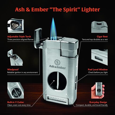 Ash & Ember “Spirit" Lighter – Premium Torch Lighter with Adjustable Triple Flame, Butane Refillable Design, Windproof, Built-in V-Cutter, Ergonomic Grip, Compact Design, Gift Box in Saudi Arabia