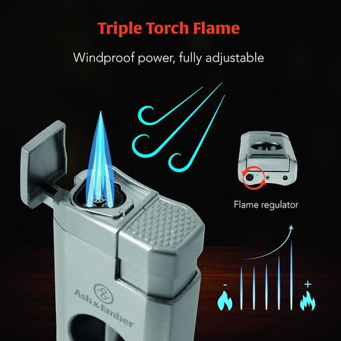 Ash & Ember “Spirit" Lighter – Premium Torch Lighter with Adjustable Triple Flame, Butane Refillable Design, Windproof, Built-in V-Cutter, Ergonomic Grip, Compact Design, Gift Box in Saudi Arabia