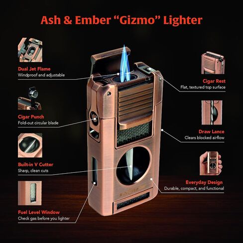 ولاعة Ash & Ember "Gizmo" - ولاعة شعلة ممتازة - تصميم مزدوج قابل لإعادة التعبئة لهب نفاث بوتان، منظم قابل للتعديل مقاوم للرياح، قاطع على شكل حرف V مدمج، لكمة، رمح سحب، ومسند متكامل in Saudi Arabia