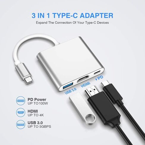 USB C to HDMI Adapter, Type-c 3 in 1 hub to 4K HDMI USB3.0 & 100W PD for USB Drives Reading & Multimedia Projection,Compatible for MacBook,iPad,Tablets & Other USB-C Devices in Saudi Arabia