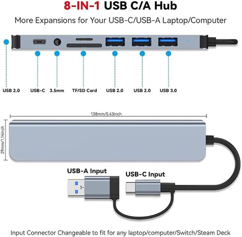 USB C Hub USB Splitter 8-in-1 USB Extender, USBC to HDTV Adapter 4K@60Hz, 1×USB-C 3.2, 3×USB A Data Transfer, Type C Multiport Splitter with SD/TF Card Reader, for Laptop, PC, Desktop, iPad Pro in Kuwait