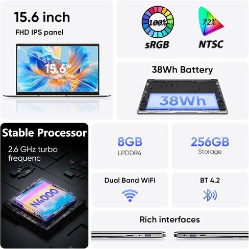 15.6" Laptop, 8GB RAM 256GB Storage, Celeron N4000 (up to 2.6GHz) 100% sRGB Screen, MS Office 2024, Win11 Pro Notebook Computer, Dual Band Wi-Fi, BT4.2, USB-A, Long Battery Life, Silver in Saudi Arabia
