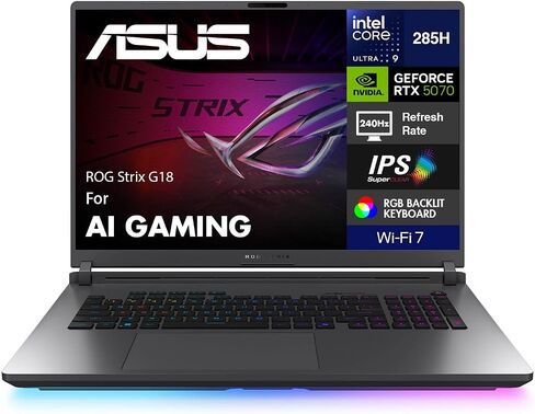 كمبيوتر محمول للألعاب ASUS ROG Strix G18 مقاس 18 بوصة 240 هرتز WQXGA IPS Nebula Display (Intel Ultra 9-275HX، GeForce RTX 5070 8GB، 64GB DDR5، 2 تيرابايت SSD، لكل مفتاح RGB، Thunderbolt 4، Win 11 Pro) مع موسع منفذ USB DKZ in Saudi Arabia