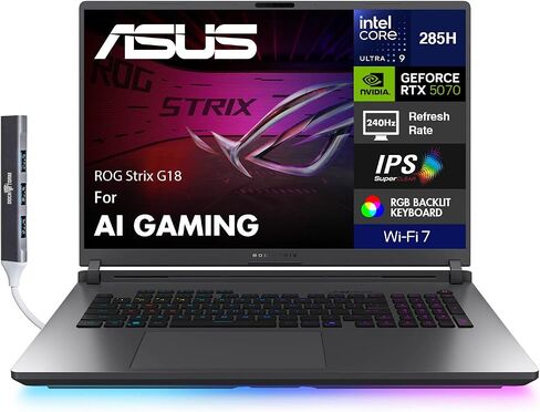 كمبيوتر محمول للألعاب ASUS ROG Strix G18 مقاس 18 بوصة 240 هرتز WQXGA IPS Nebula Display (Intel Ultra 9-275HX، GeForce RTX 5070 8GB، 64GB DDR5، 2 تيرابايت SSD، لكل مفتاح RGB، Thunderbolt 4، Win 11 Pro) مع موسع منفذ USB DKZ in Saudi Arabia