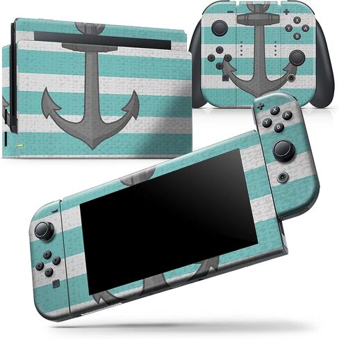 Design Skinz - Compatible with Nintendo DSi XL - Skin Decal Protective Scratch-Resistant Removable Vinyl Wrap Cover - Teal Stripes with Gray Nautical Anchor in Saudi Arabia