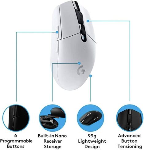 ماوس الألعاب اللاسلكي Logitech G305 Lightspeed، مستشعر HERO، 12000 نقطة لكل بوصة، خفيف الوزن، 6 أزرار قابلة للبرمجة، عمر بطارية 250 ساعة، ذاكرة داخلية، متوافق مع جهاز الكمبيوتر/Mac - أبيض (متجدد) in Kuwait