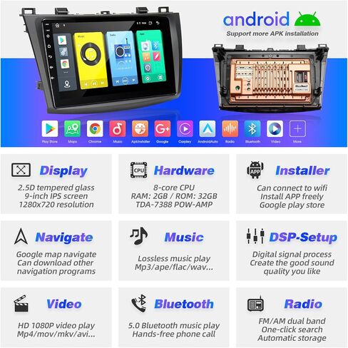 for Mazda 3 Radio Upgrade Compatible with Wireless Carplay Android Auto,Car Stereo Touchscreen Bluetooth Navigation GPS WiFi FM/AM Backup Camera 8-core Head Unit (2010-2013) in Kuwait
