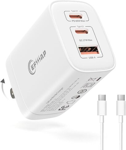 كتلة شاحن حائط USB C بقدرة 65 وات، 3 منافذ قابلة للطي من النوع c شحن سريع لأجهزة MacBook وiPhone وSamsung وiPad وAirPods والمزيد (عبوة واحدة مع كابل) in Kuwait