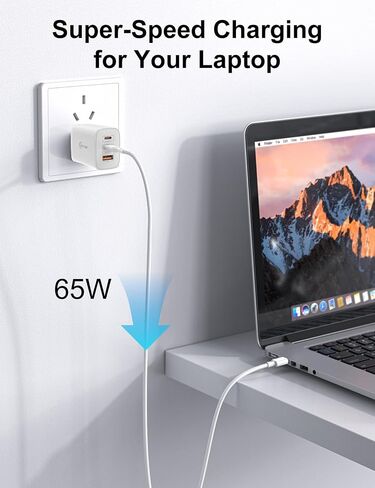 كتلة شاحن حائط USB C بقدرة 65 وات، 3 منافذ قابلة للطي من النوع c شحن سريع لأجهزة MacBook وiPhone وSamsung وiPad وAirPods والمزيد (عبوة واحدة مع كابل) in Kuwait
