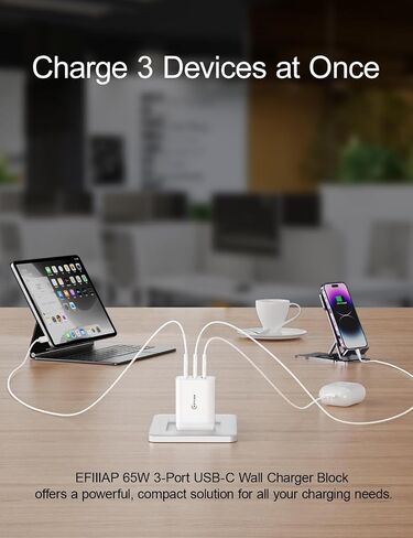 كتلة شاحن حائط USB C بقدرة 65 وات، 3 منافذ قابلة للطي من النوع c شحن سريع لأجهزة MacBook وiPhone وSamsung وiPad وAirPods والمزيد (عبوة واحدة مع كابل) in Kuwait