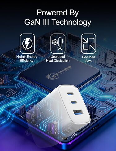 كتلة شاحن حائط USB C بقدرة 65 وات، 3 منافذ قابلة للطي من النوع c شحن سريع لأجهزة MacBook وiPhone وSamsung وiPad وAirPods والمزيد (عبوة واحدة مع كابل) in Kuwait