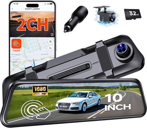 Mirror Dash Cam,Rear View Mirror Camera,10'' Smart Touch Screen,Dash Camera for Cars,G-Sensor,Loop Recording,Car Camera with Free 32GB Card in Saudi Arabia