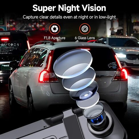 Mirror Dash Cam,Rear View Mirror Camera,10'' Smart Touch Screen,Dash Camera for Cars,G-Sensor,Loop Recording,Car Camera with Free 32GB Card in Saudi Arabia