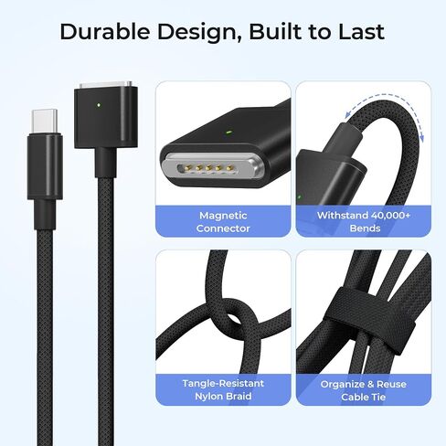 كابل شاحن Basesailor لجهاز MacBook Air M4 المغناطيسي 3 بطول 10أقدام/3M، سلك شحن USB C إلى Mag 3 بقدرة 140 وات لجهاز MacBook Air (13 بوصة 15 بوصة 2025، M3 2024، M2 2022 2023)، Pro (16 بوصة 14 بوصة M4 Pro Max، M3 2024، M2 2023، M1)، آمن in Kuwait