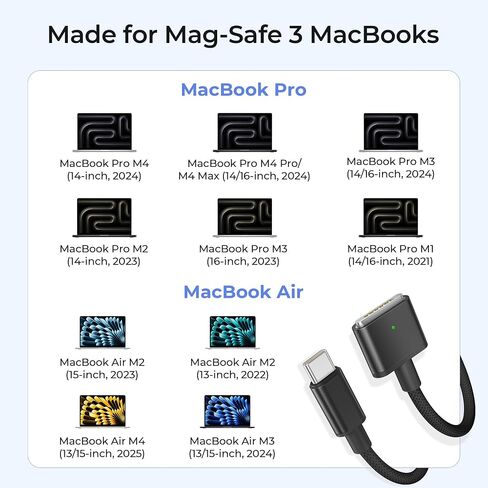 Basesailor for MacBook Air M4 Magnetic 3 Charger Cable 10FT/3M,140W USB C to Mag 3 Charging Cord for MacBook Air (13" 15" 2025,M3 2024,M2 2022 2023),Pro (16" 14" M4 Pro Max,M3 2024,M2 2023,M1),Safe in Saudi Arabia