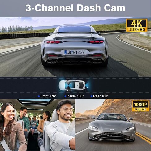 4K Ultra HD Channel Dash Camera with 3.16inch Display,TripleChannel WiFi Dash Cam,Built-in WiFi, 24H Parking MonitorG-Sensor, ClearIR Night Vision, App Control in Saudi Arabia