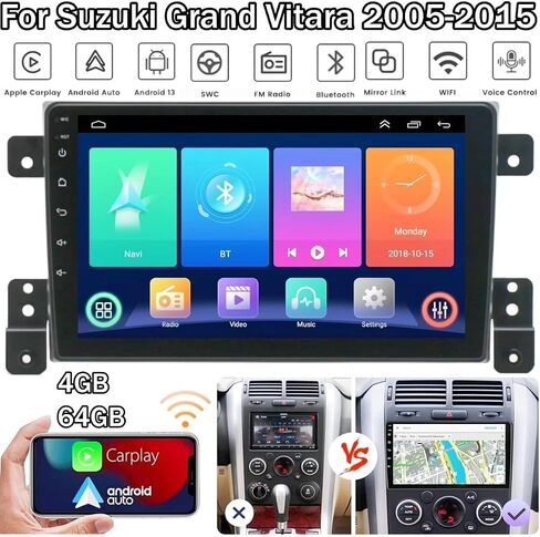 ستيريو سيارة مزدوج الدين لسوزوكي جراند فيتارا 2005-2015 مع Carplay وAndroid Auto، 4G+64G 9 بوصة IPS تعمل باللمس Android 13 وحدة استقبال راديو السيارة مع نظام تحديد المواقع Navi Bluetooth WiFi FM AHD كاميرا احتياطية in Kuwait