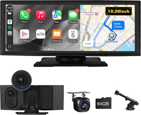 10.26'' Wireless Carplay Screen for Car with 4K Dash Cam & 1080P Backup Camera, Apple Carplay & Android Auto Touchscreen, Car Audio Receivers, GPS Navigation & Mirror Link, for All Vehicles in Kuwait