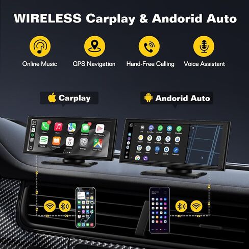 10.26'' Wireless Carplay Screen for Car with 4K Dash Cam & 1080P Backup Camera, Apple Carplay & Android Auto Touchscreen, Car Audio Receivers, GPS Navigation & Mirror Link, for All Vehicles in Kuwait