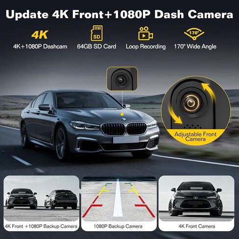 10.26'' Wireless Carplay Screen for Car with 4K Dash Cam & 1080P Backup Camera, Apple Carplay & Android Auto Touchscreen, Car Audio Receivers, GPS Navigation & Mirror Link, for All Vehicles in Kuwait