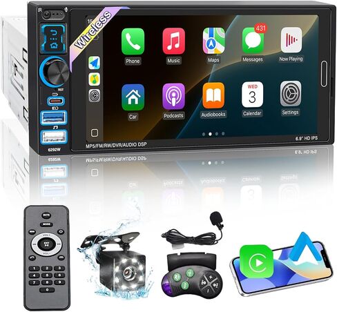 ستيريو سيارة لاسلكي أحادي الدين Apple Carplay & Android Auto، 6.9 بوصة IPS شاشة تعمل باللمس ستيريو سيارة مع بلوتوث، كاميرا احتياطية مقاومة للماء، راديو السيارة FM، حر اليدين، MirrorLink، الملاحة، USB/Type-C، SWC، EQ in Kuwait