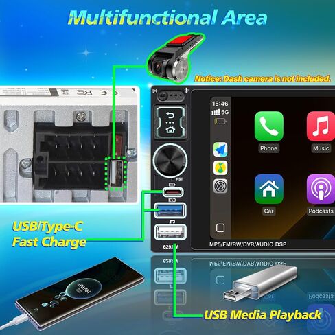 ستيريو سيارة لاسلكي أحادي الدين Apple Carplay & Android Auto، 6.9 بوصة IPS شاشة تعمل باللمس ستيريو سيارة مع بلوتوث، كاميرا احتياطية مقاومة للماء، راديو السيارة FM، حر اليدين، MirrorLink، الملاحة، USB/Type-C، SWC، EQ in Kuwait