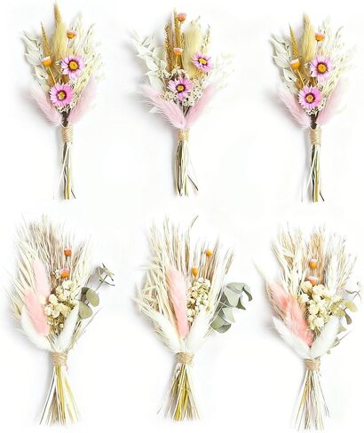 Mini Dried Flower Bouquet Set of 6, Boho Wedding Decor, Boutonniere for Men,Table Centerpieces, Dry Pampas Grass,Birthday Cake Flowers,Personalized Bridesmaid Gift Box,Small Bottles Decoration.(White) in Kuwait
