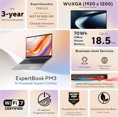 كمبيوتر محمول للأعمال ASUS ExpertBook PM3 مقاس 16 بوصة، ومعالج AMD Ryzen AI 7 350، وذاكرة وصول عشوائي 32 جيجابايت، و1 تيرابايت SSD، وواي فاي 7، ونظام التشغيل Windows 11 Pro، رمادي ضبابي، PM3606CKA-XS76 in Saudi Arabia