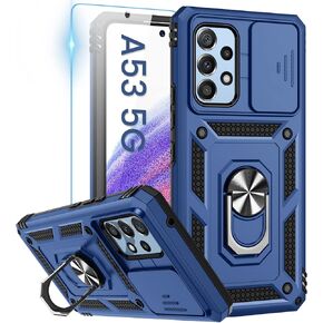 Goton Compatible with Samsung Galaxy A53 5G Case with Camera Cover & Kickstand Ring with Tempered Glass Screen Protector, Military Grade Shockproof Protective Bumper Cover Blue in Saudi Arabia