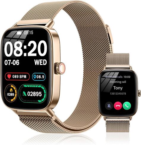 Smart Watch for Women(2 Bands), 1.85" HD Fitness Tracker screen with Call Function, IP68 Waterproof, 100+ Sport Modes, Blood Oxygen Monitor/ Heart Rate/Sleep Monitor, iOS Android Compatible ( Golden) in Saudi Arabia