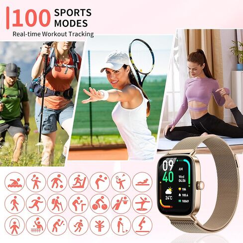 Smart Watch for Women(2 Bands), 1.85" HD Fitness Tracker screen with Call Function, IP68 Waterproof, 100+ Sport Modes, Blood Oxygen Monitor/ Heart Rate/Sleep Monitor, iOS Android Compatible ( Golden) in Saudi Arabia