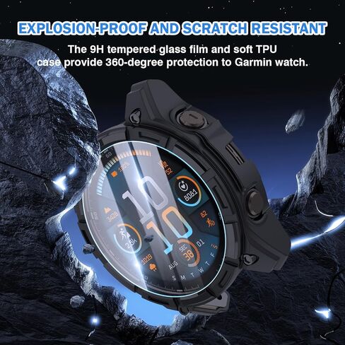 [1+2] Compatible for Garmin Fenix 8 Amoled 47mm Watch Case, Anti-scratch TPU Cover With 2 PCS 9H Tempered Glass Screen Protector For Fenix 8 47mm Protective Case-Black in Saudi Arabia